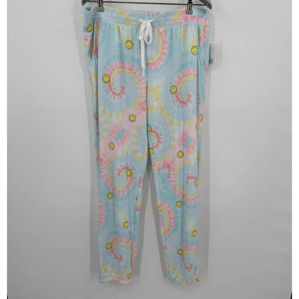 PJ Salvage X Smiley Face Tie Dye Lounge Pajama Pants in Sky Blue sz L NWT Hippy